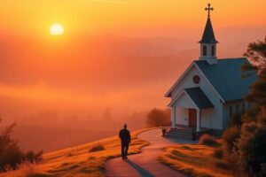 Pessoa caminhando em direção à igreja ao amanhecer, simbolizando o crescimento espiritual e emocional